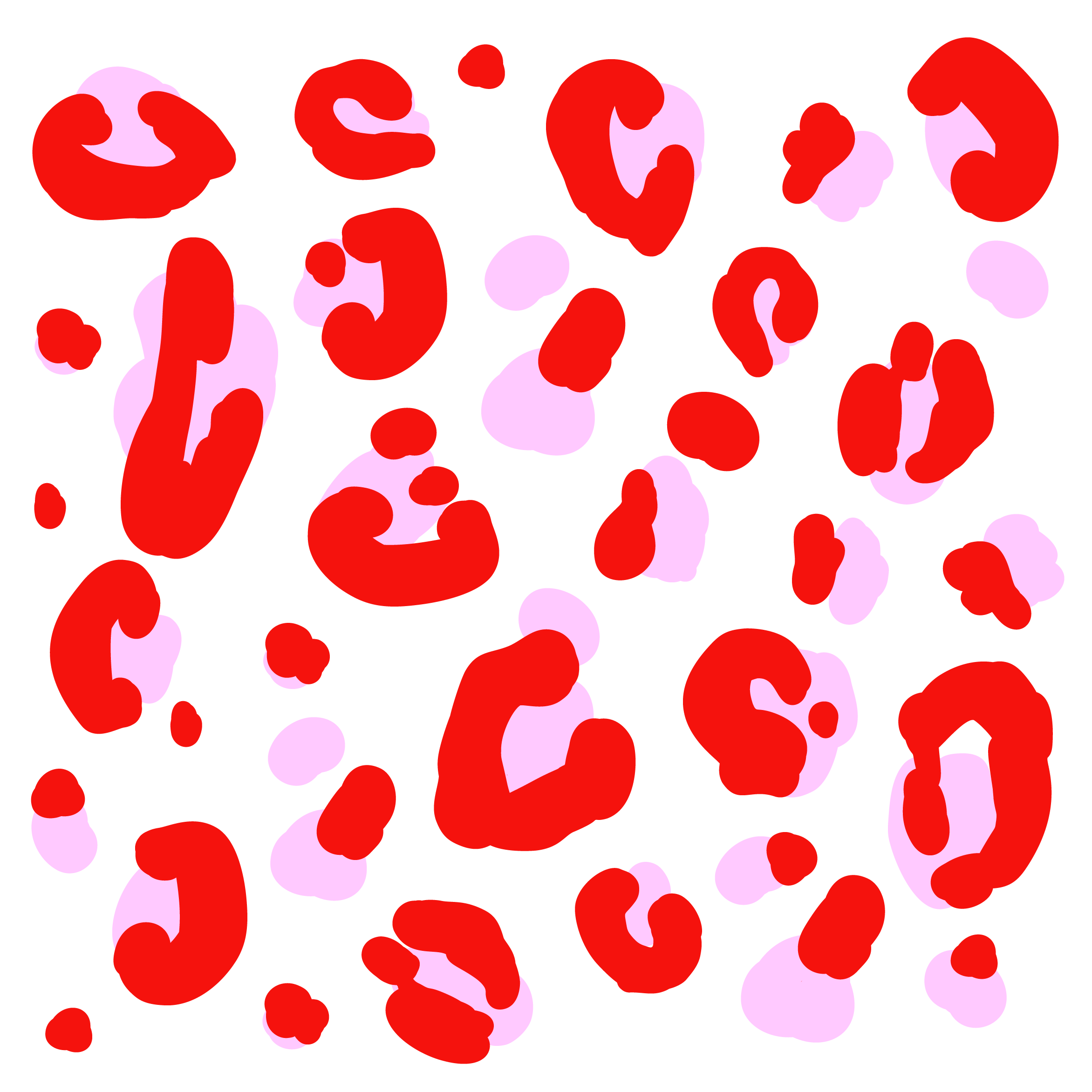 Abstract pattern of irregular red and light purple leopard print on a black background.