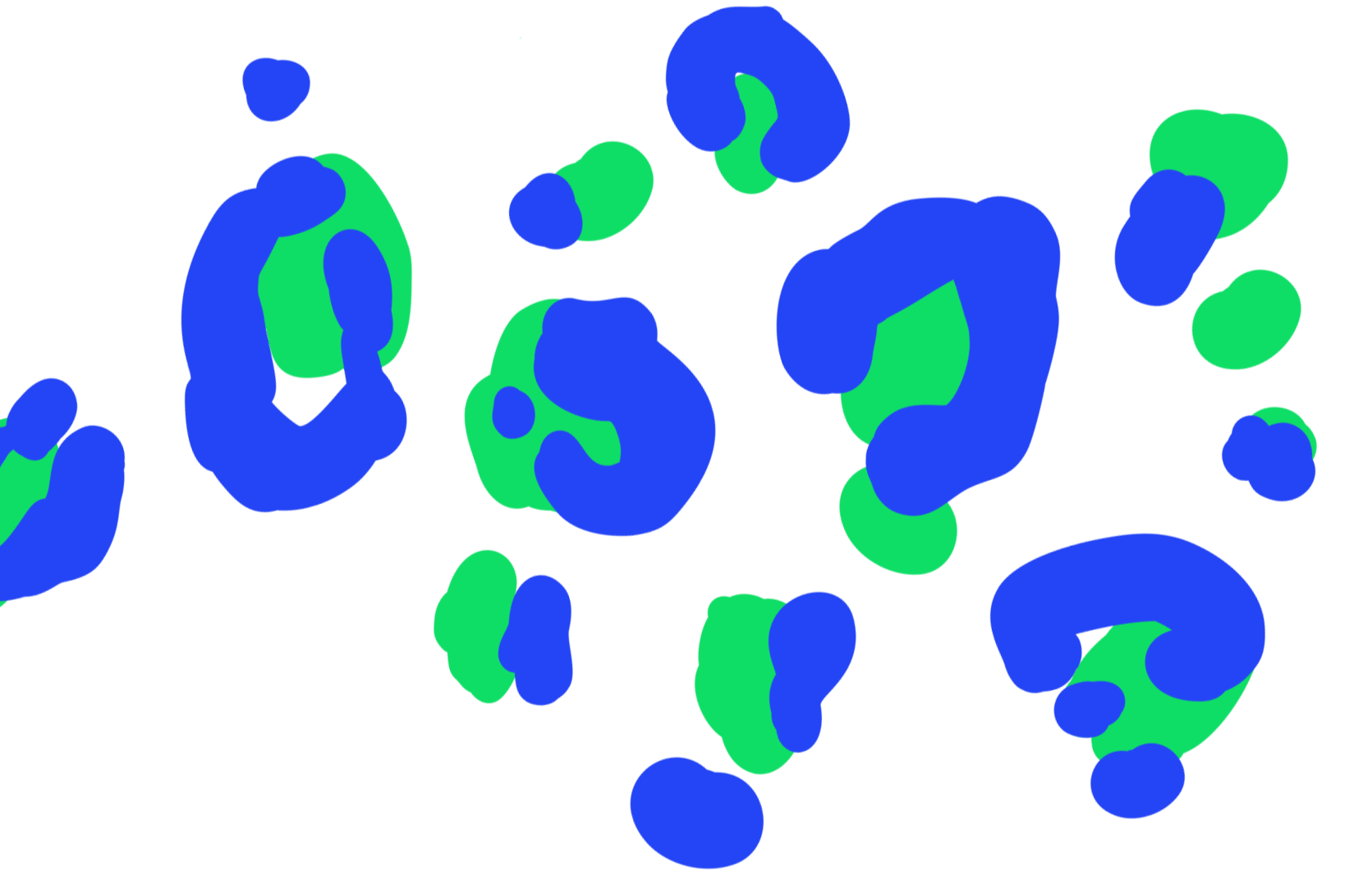Colorful abstract shapes in blue and green on a black background.