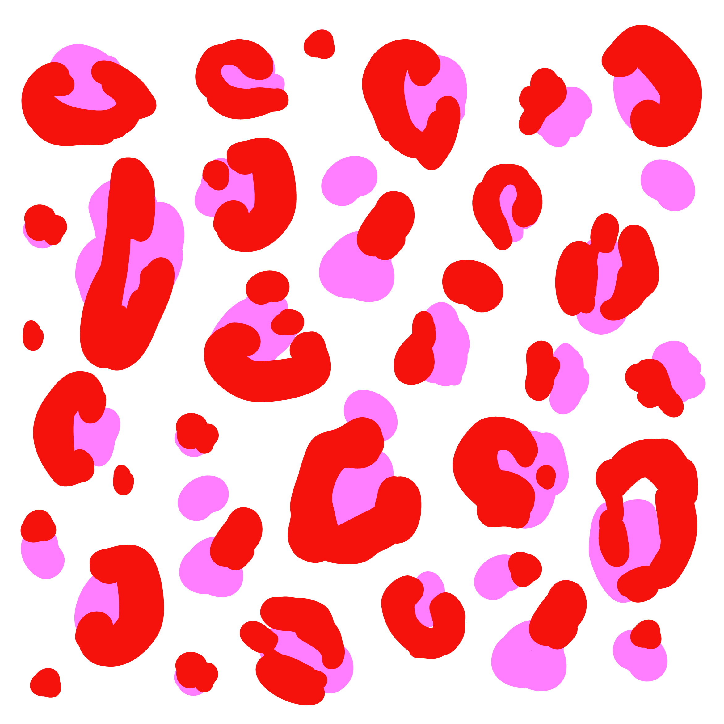 Colourful abstract pattern of red and pink organic shapes on black background.