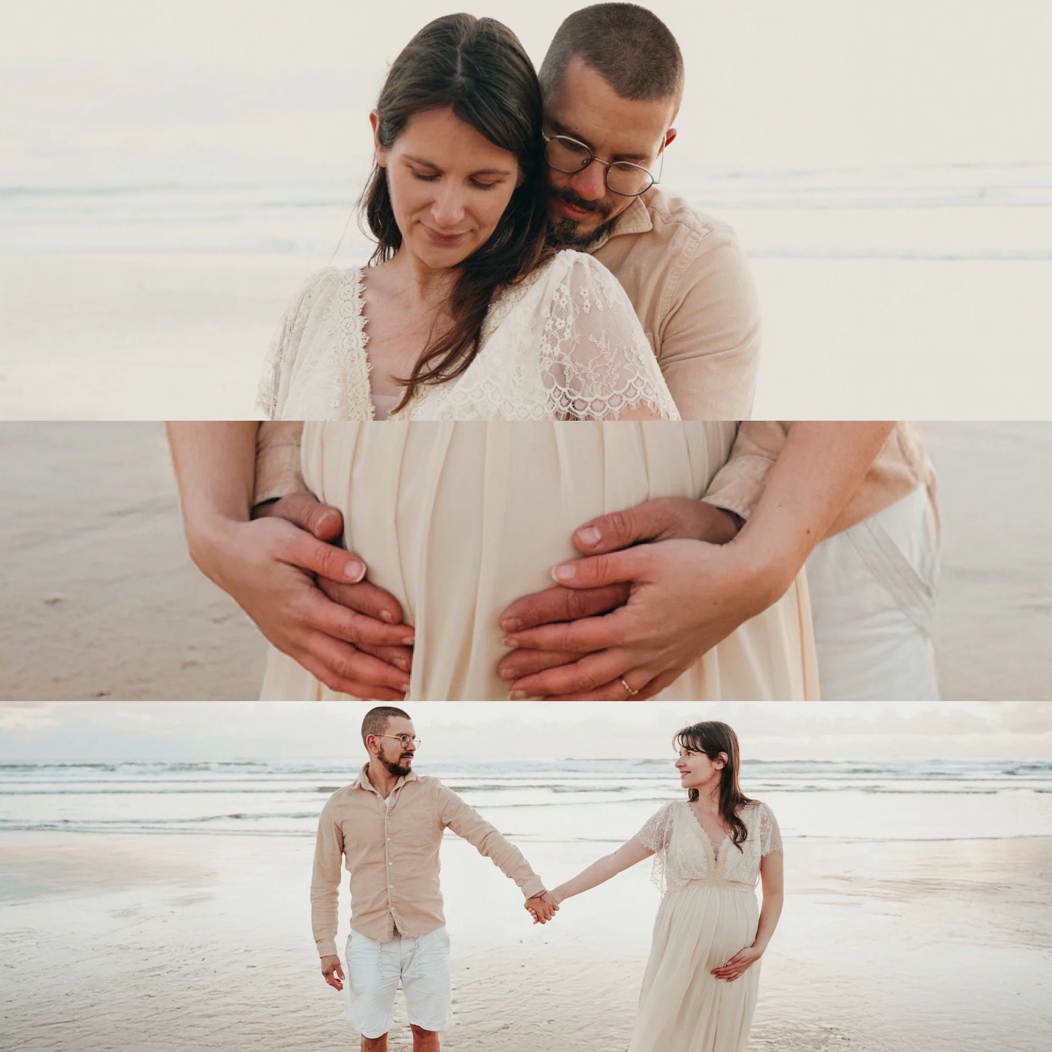 Un couple lors d'une séance photo sur la plage, la femme est enceinte, et ils se tiennent la main.