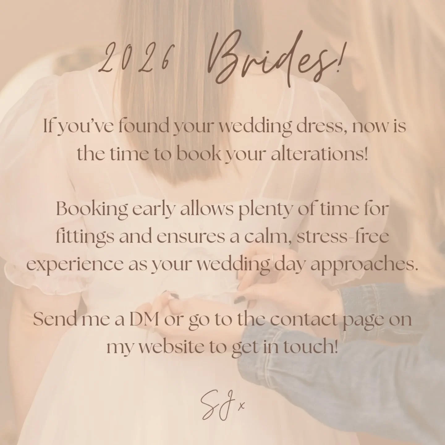 Hello, 2026 brides ✨

A new year means fresh plans and exciting celebrations ahead. If your wedding is in 2026, now is a great time to start thinking about bridal alterations and timelines.

I&rsquo;m now booking 2026 brides and would love to help yo