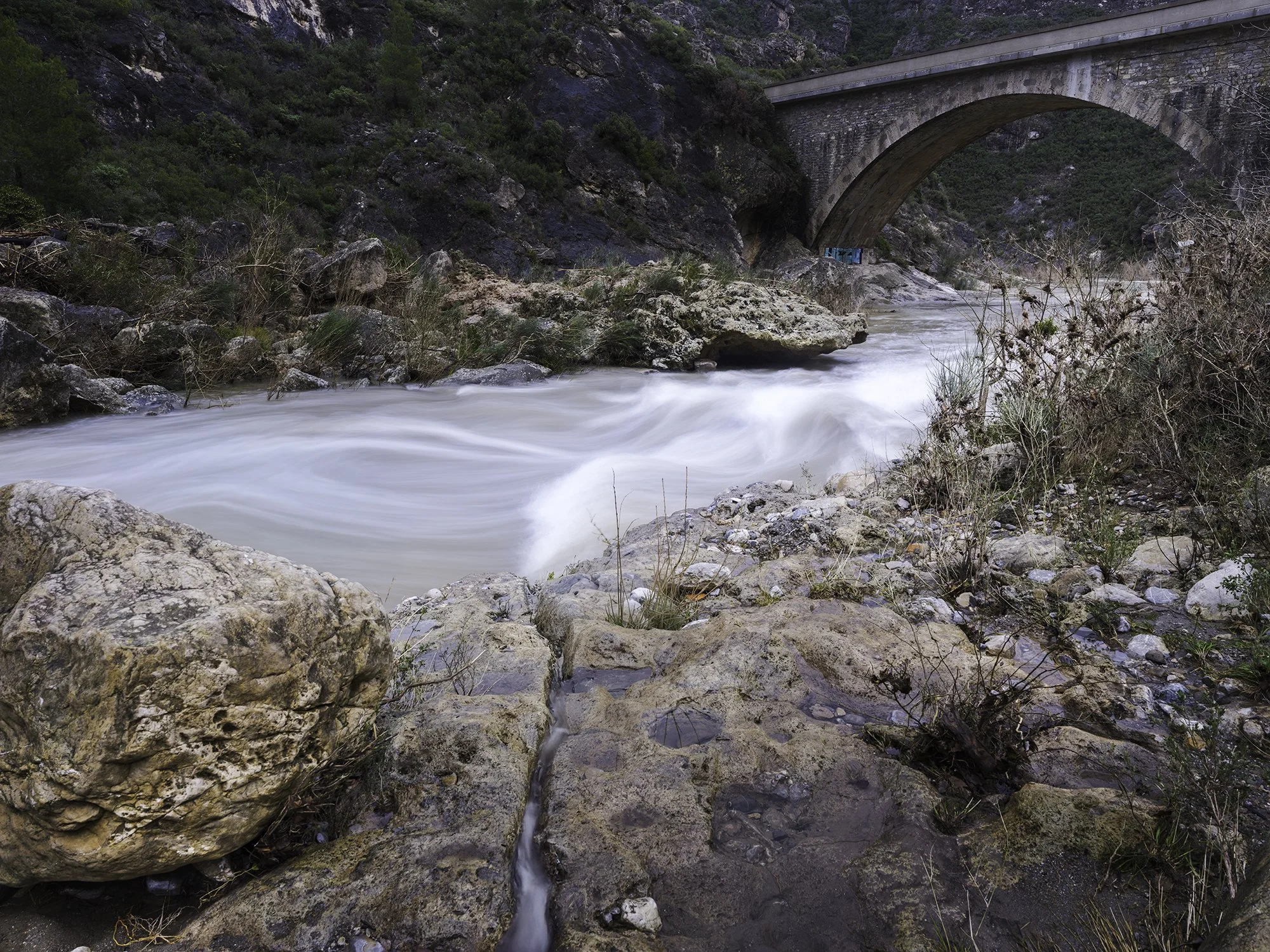 Sous le pont de Ribaute, après les pluies, le fleuve reprend sa place et rappelle la puissance discrète du paysage.