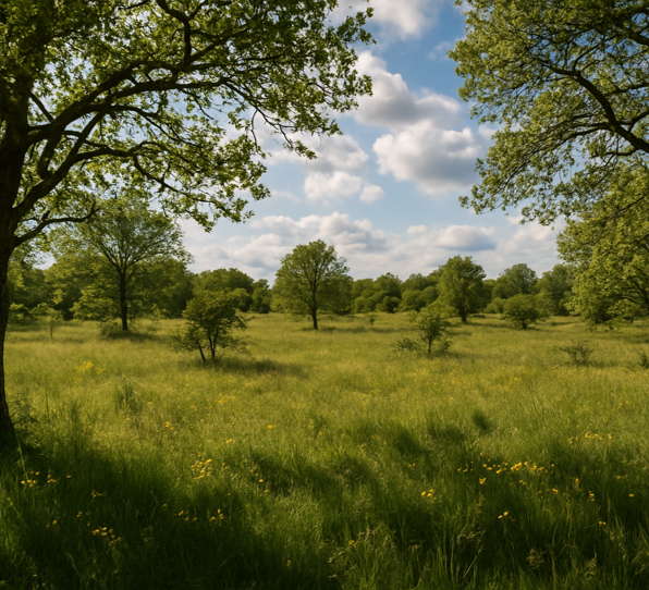 Open grassy field with scattered trees under a partly cloudy sky.