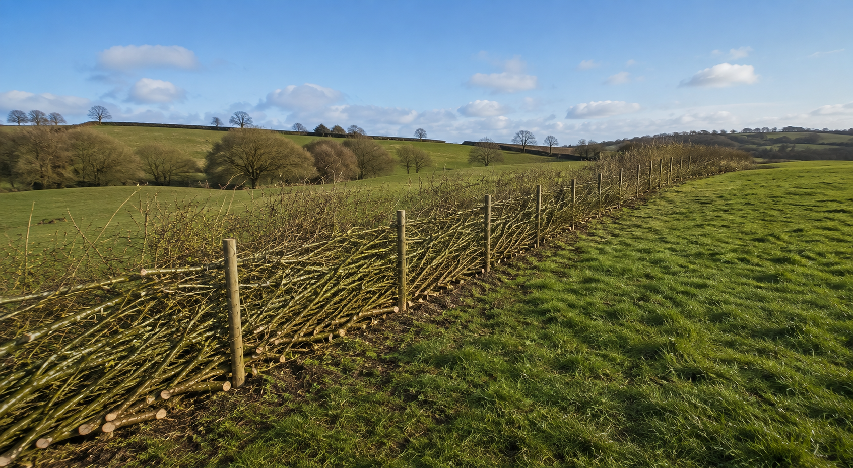 A rural landscape with rolling green hills, a partly cloudy sky, and a row of leafless trees in the distance. A fence made of poles and bundled branches runs along the foreground.
