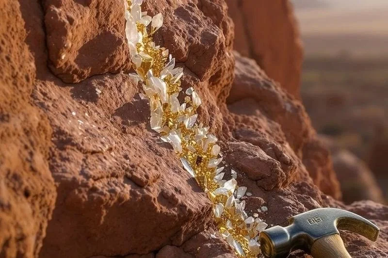 Crystals growing on a rocky surface with a hammer nearby.