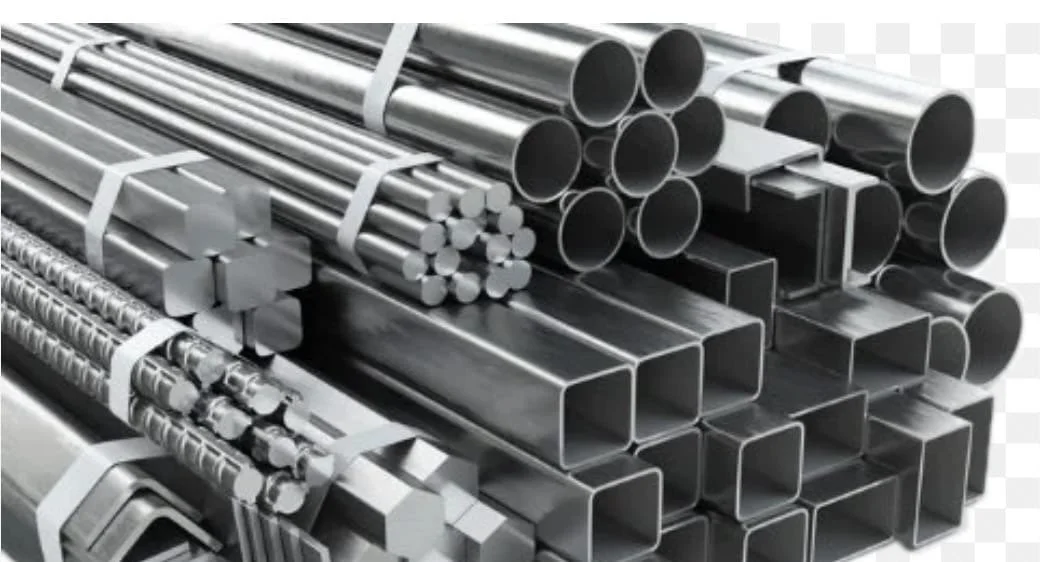 Stacked metal pipes, rods, and square tubes in various sizes, organized and tied together.