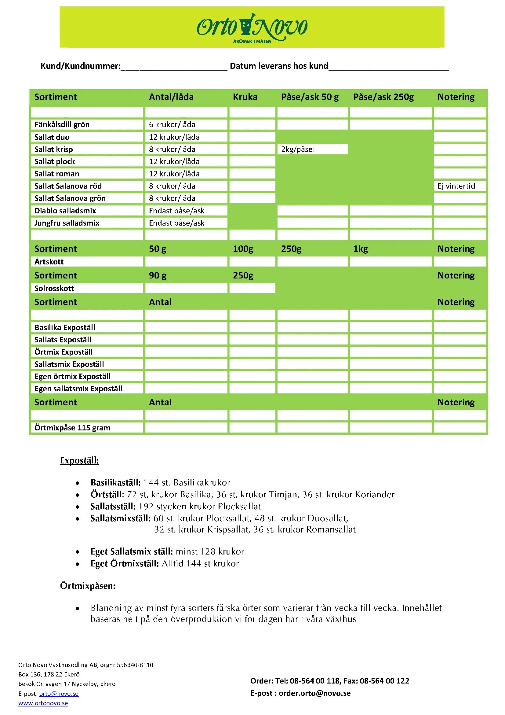 Ursprungsdokument för en frukt- och grönsaksleveranslista från Ort Novö, med beställningar på olika sorters sallad, salladsmix, kryddor och andra grönsaker, samt instruktioner och kontaktuppgifter.