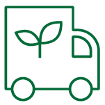 En ikon av en lastbil med ett blad i mitten, symboliserar miljövänlig eller ekologisk transport.