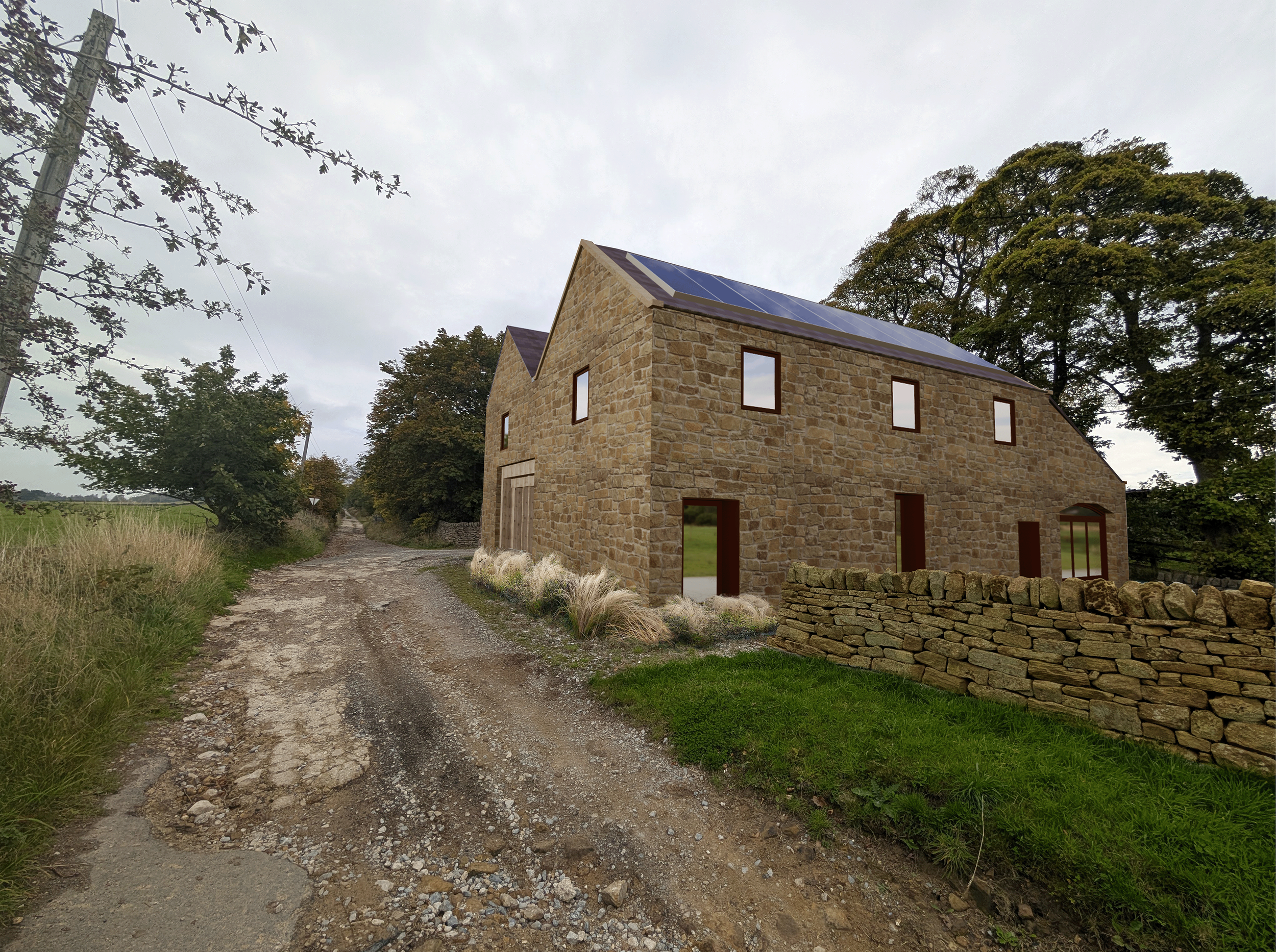 A digitally rendered stone barn renovation on the edge of the Peak District. Holiday conversion within a rural farm setting.