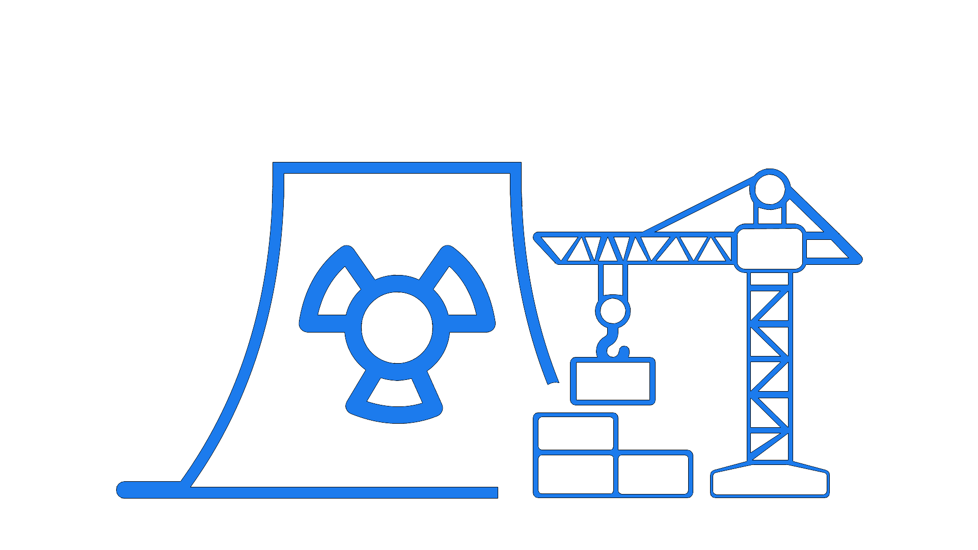A digital illustration featuring a nuclear power plant cooling tower, a radioactive hazard symbol, a construction crane, and stacked boxes, all depicted with blue outline on a black background.