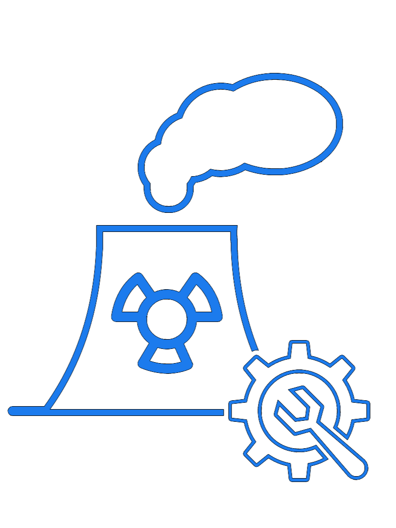 A neon blue outline of an industrial cooling tower with a radioactive symbol on it, emitting a cloud of smoke or steam, and a gear with a wrench symbol in front.