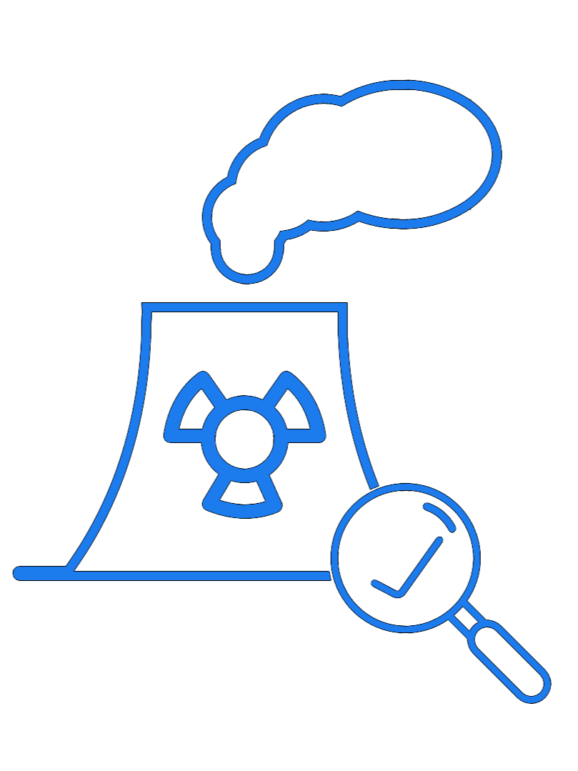 A diagram of a nuclear power plant meltdown with a radioactive symbol, a cloud of smoke, and a magnifying glass with a check mark.