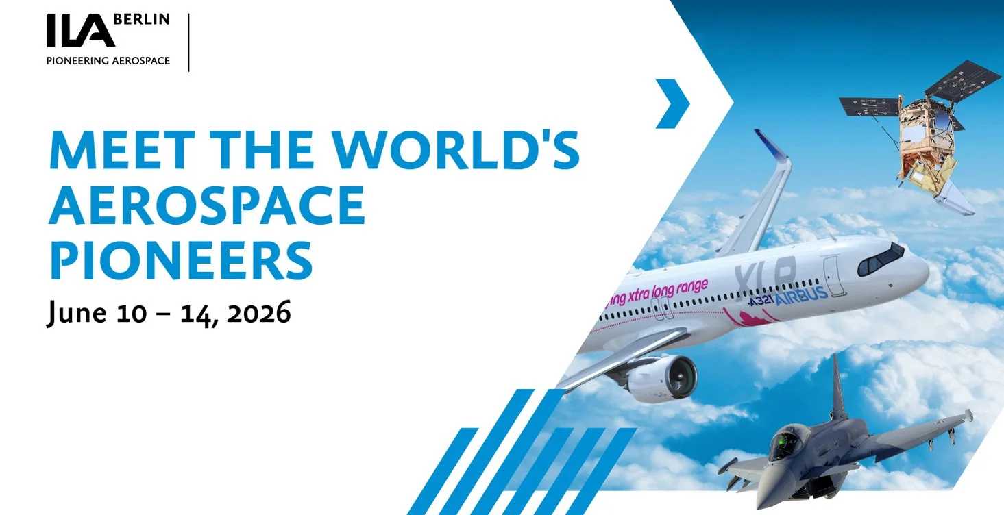 Promotional banner for ILA Berlin 2026 aerospace event, with dates June 10-14, 2026.
