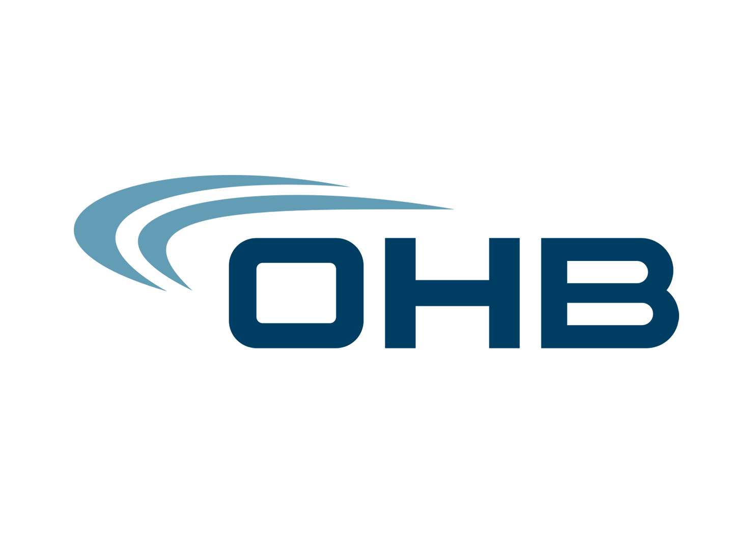 OHB logo with stylized blue waves above the dark blue acronym OHB.