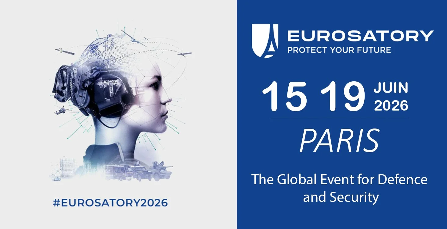 Event poster for Eurosatory 2026, a defense and security exhibition in Paris from June 15 to 19, 2026. The event hashtag is #EUROSATORY2026.
