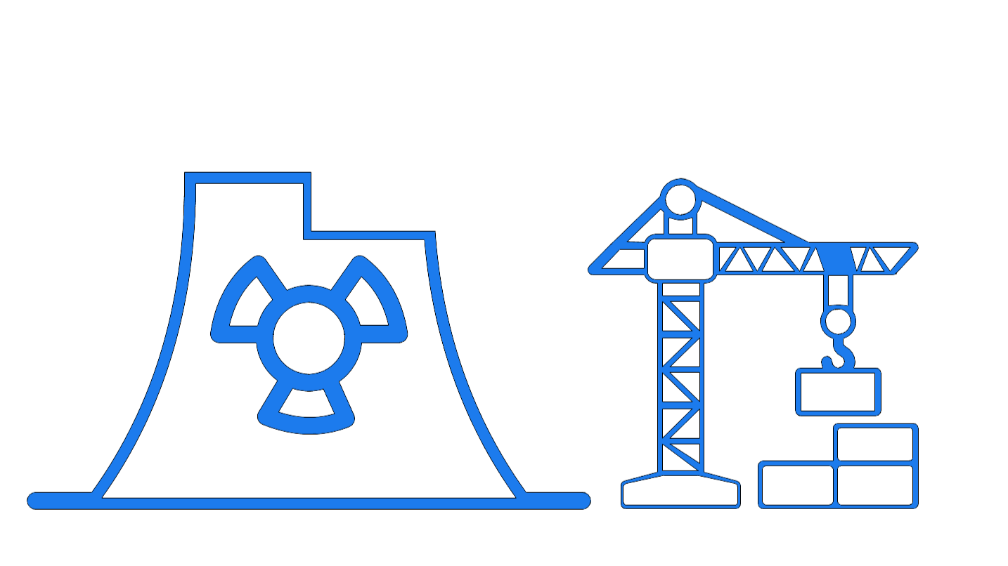 A blue line drawing of a nuclear power plant cooling tower with a radiation warning symbol, and a construction crane lifting blocks.