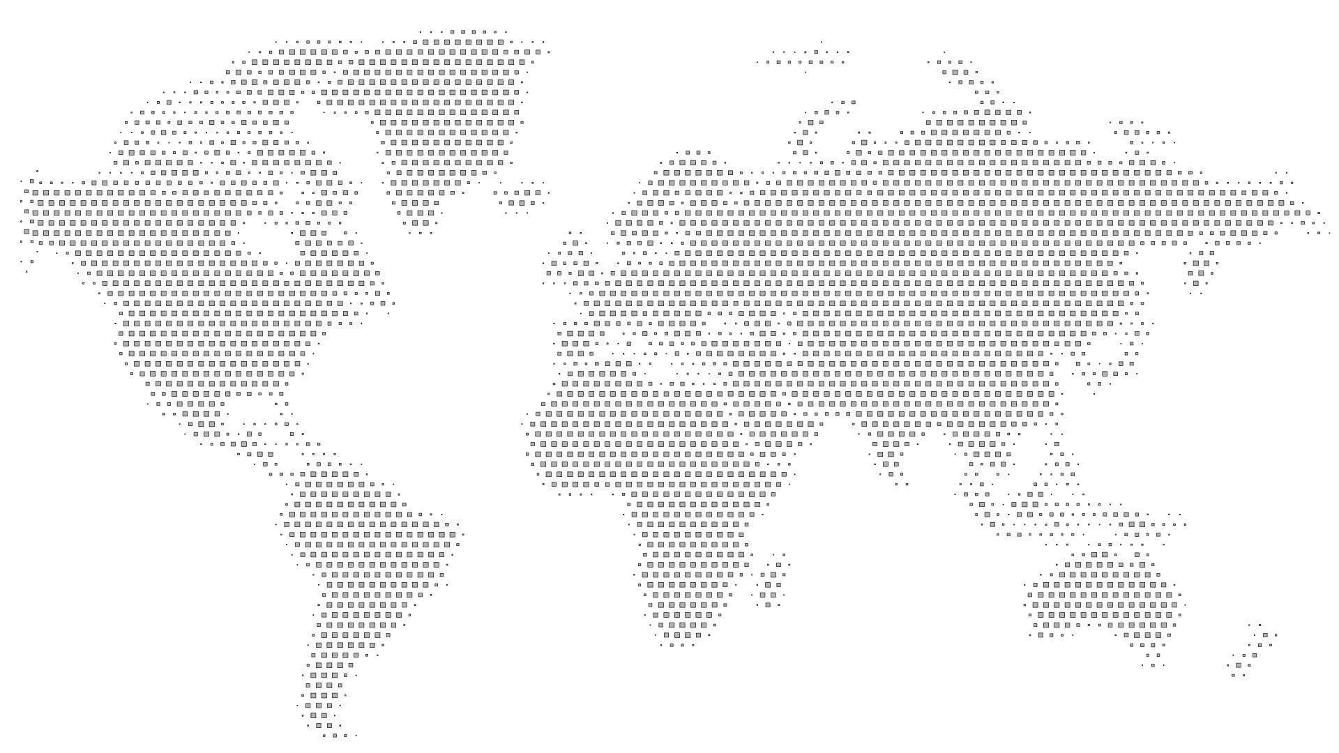 A stylized world map created with small, evenly spaced white dots on a black background.
