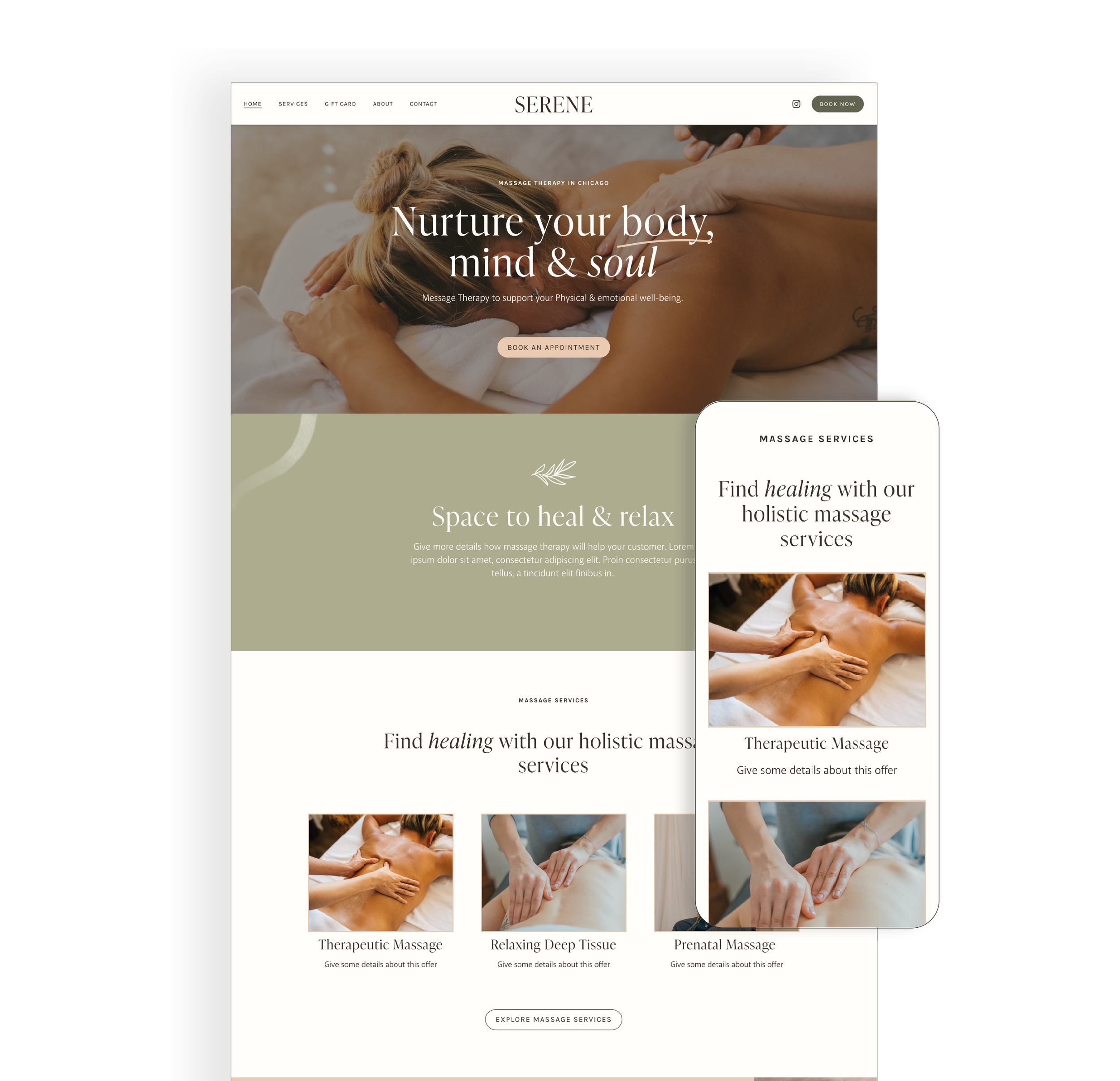 Responsive website design for a massage therapy business called SERENE, featuring images of massage treatments and text about holistic massage services.
