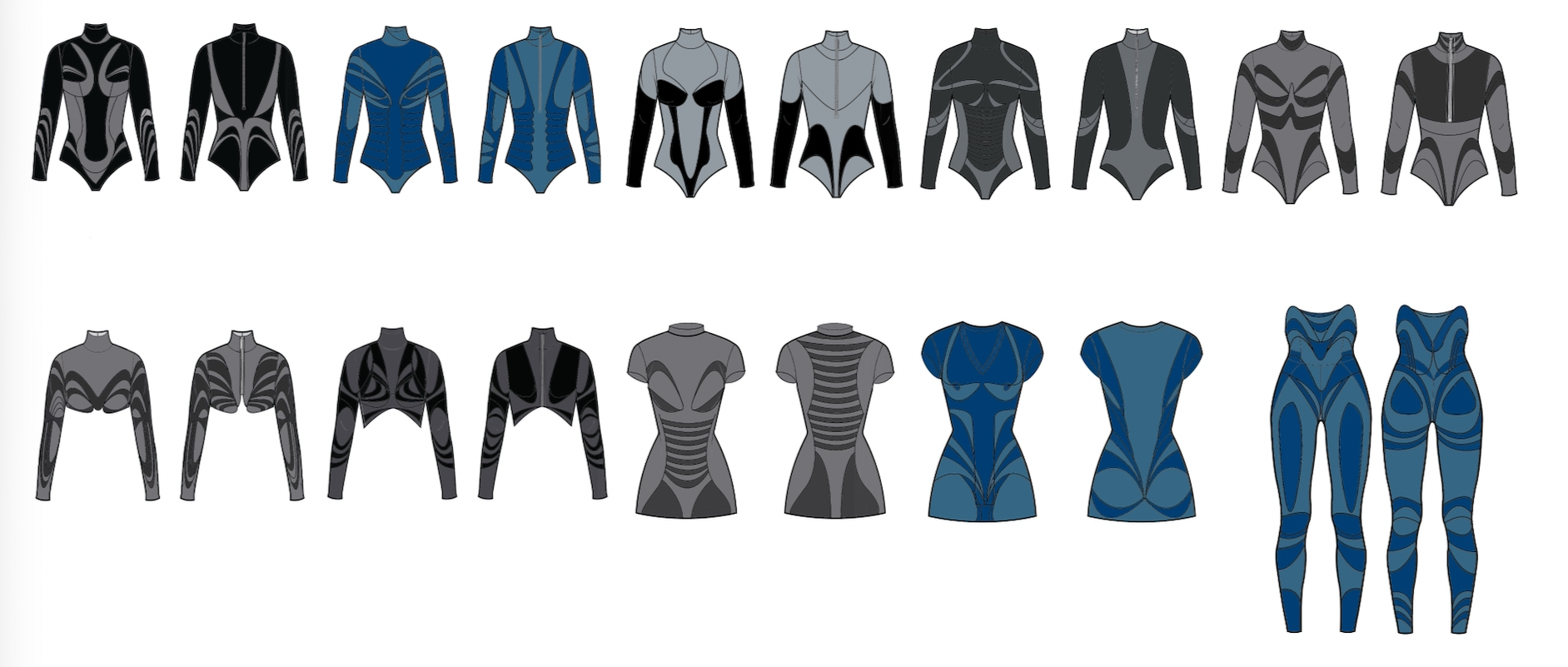 Array of 20 futuristic latex bodysuits in black, gray, blue, and dark gray, arranged in two rows.