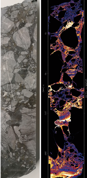 Close-up of sulphide mineralised breccia and a corresponding elemental composition map showing zinc content.