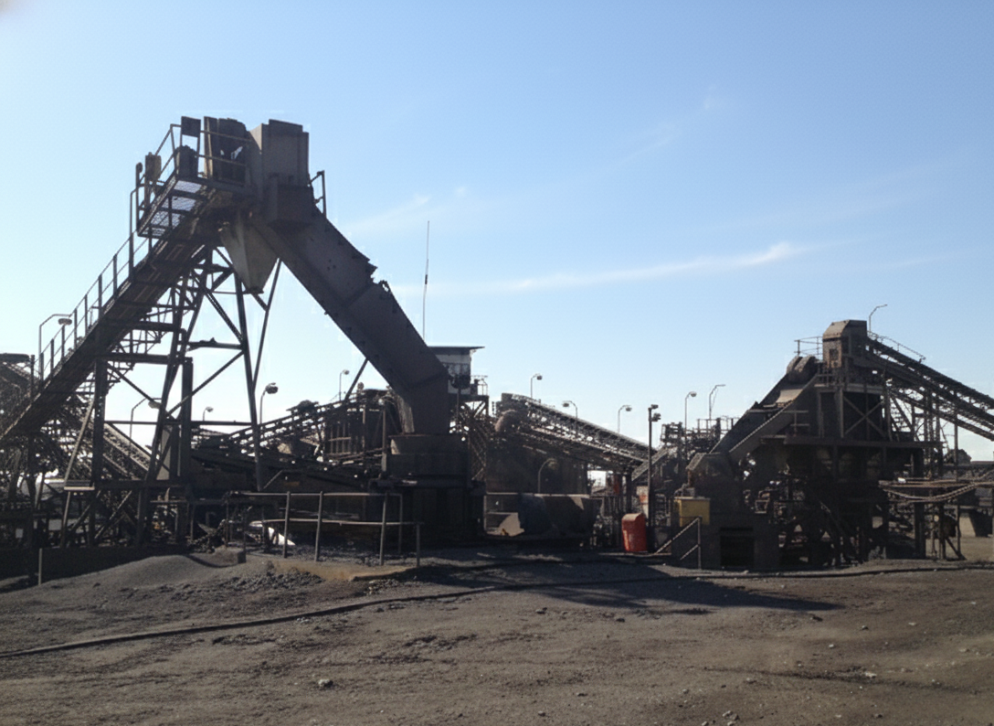 Industrial mining equipment with conveyor belts on a dirt surface under a clear sky.