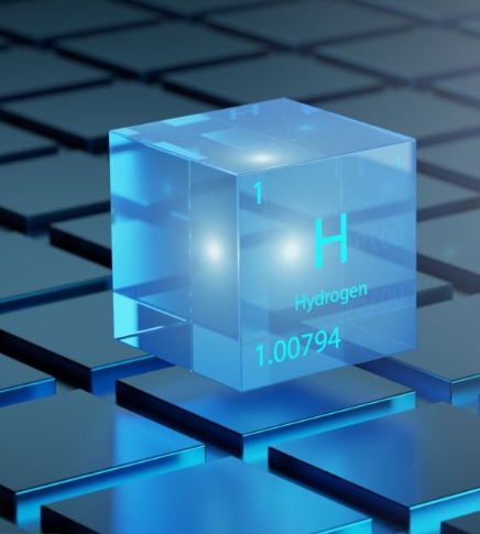 Digital rendering of a glowing hydrogen element cube with atomic number 1, atomic weight 1.00794, and the letter H, placed on a futuristic blue metallic grid.