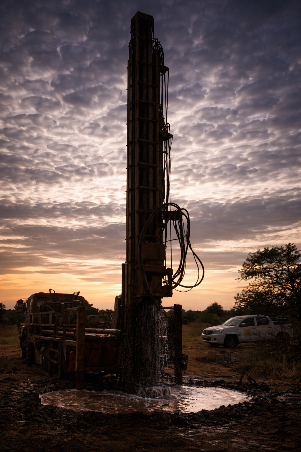 A drilling rig spouting water at sunset with a partly cloudy sky in the background and a parked white vehicle nearby.