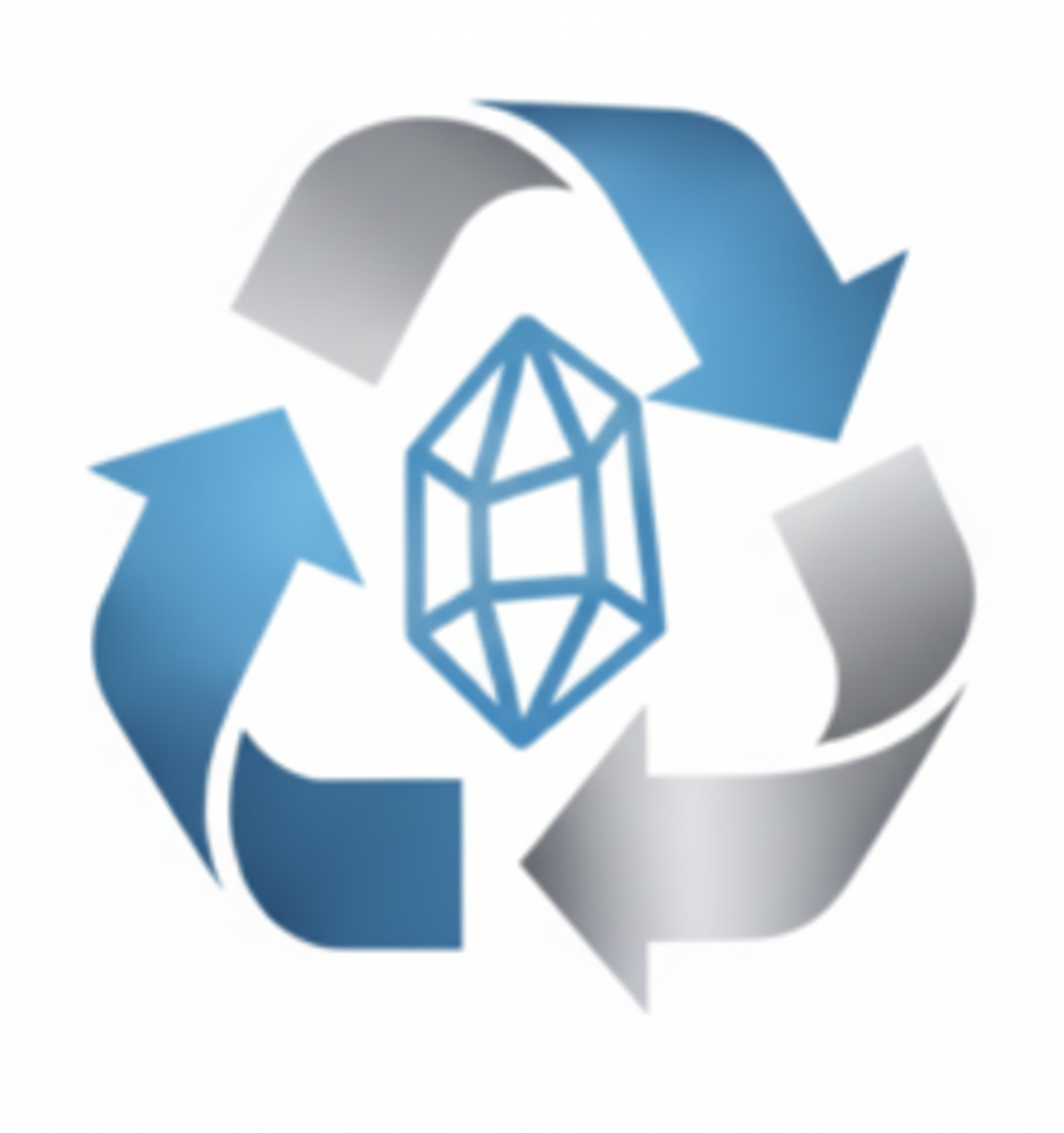 Graphic of a crystal or gemstone at the center surrounded by recycling arrows, symbolizing recycling or sustainability.