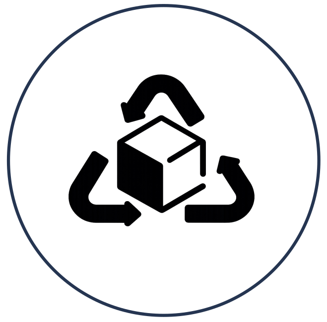 Three circular economy arrows surrounding a box