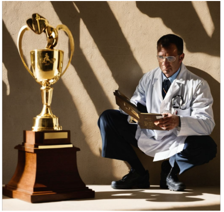 Man in a white coat reading a clipboard next to a large gold trophy on a wooden pedestal.