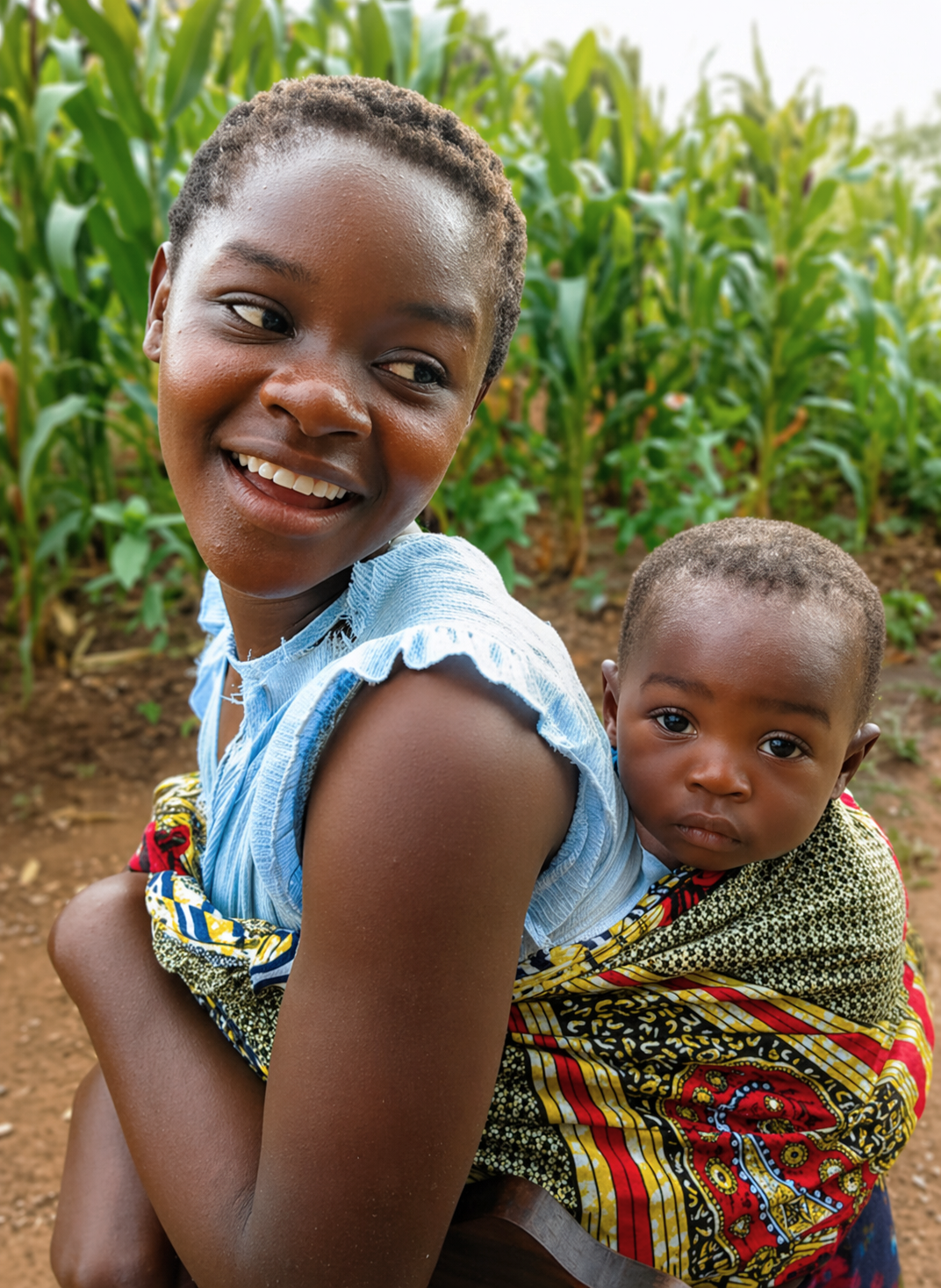 A young woman smiling with a young child on her back in a cornfield.