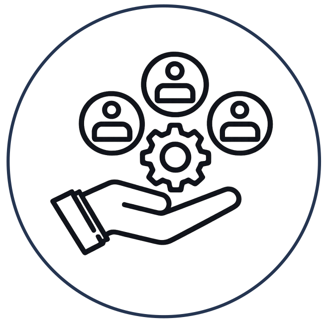 An open hand holding a gear and three people