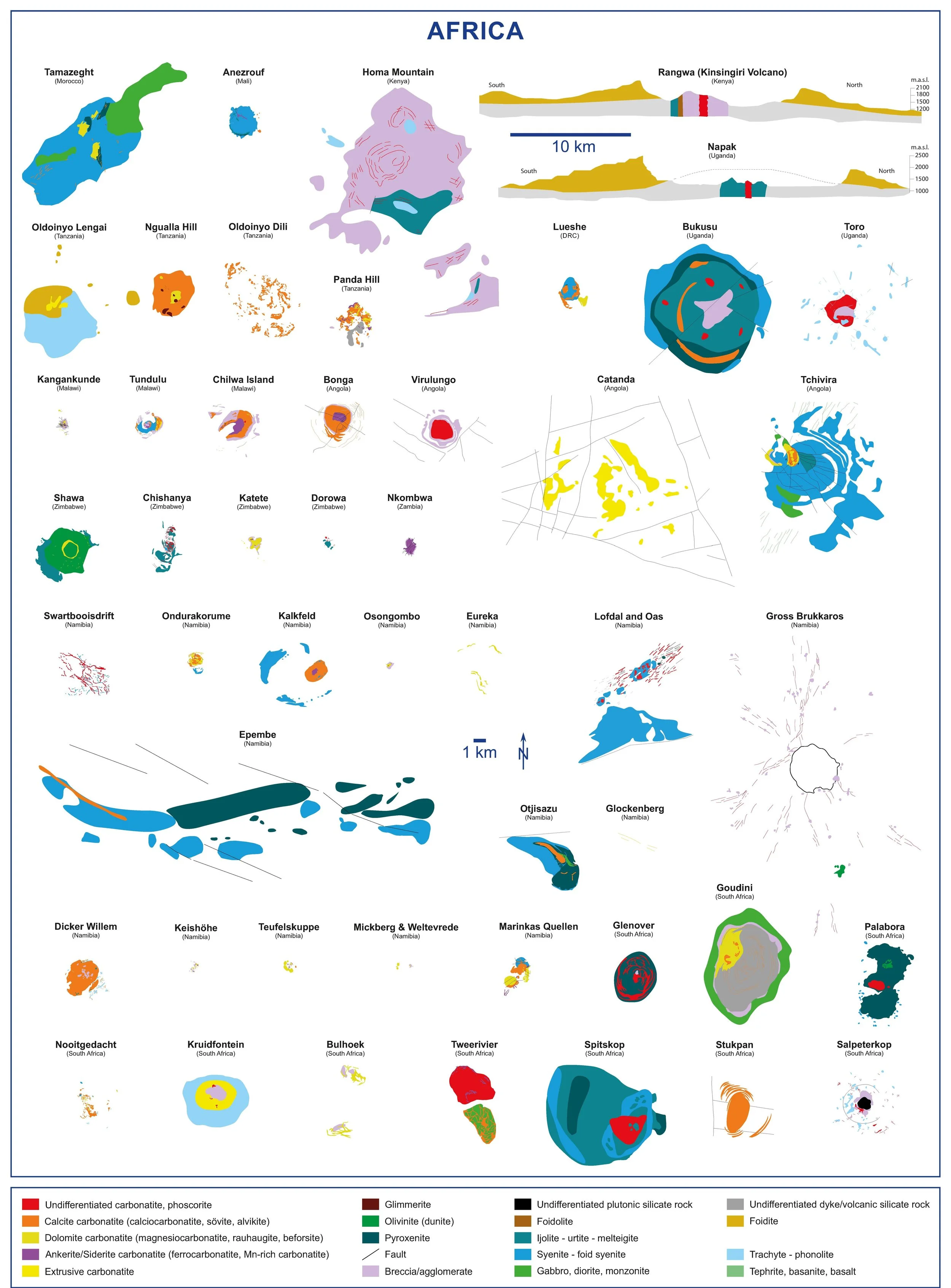 A scientific compilation map by Walter et al. 2026 detailing the varied geological geometries, cross-sections, and layouts of major known carbonatite deposits in Africa.