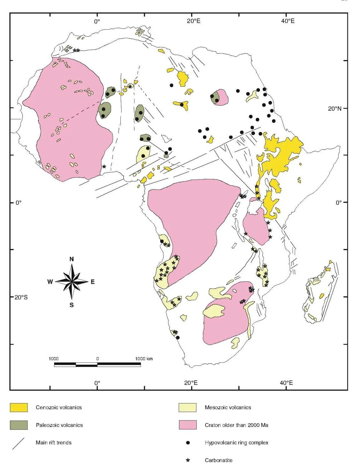 A geological map of Africa from Schlüter 2006 highlighting Cenozoic, Mesozoic, and Paleozoic volcanic provinces, ancient cratons older than 2000 Ma, main rift trends, hypabyssal ring complexes, and carbonatite locations.