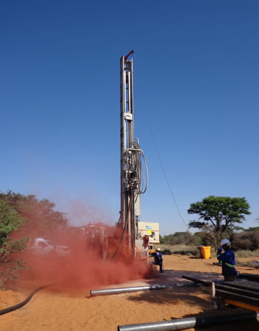 A drilling rig drilling into the kalahari sand, with a burst of red dust coming out.