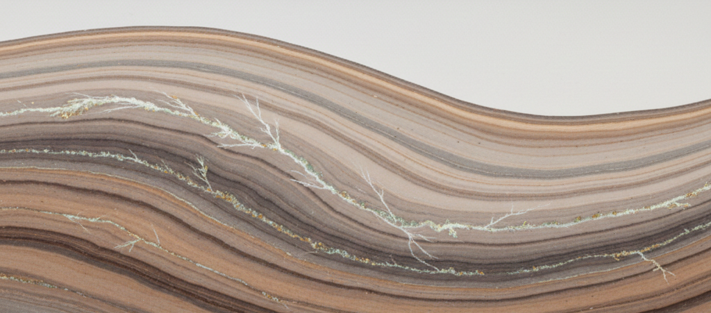 geological cross‑section of a banded iron formation with muted earth tones, subtle stratigraphy, and faint mineralisation patterns