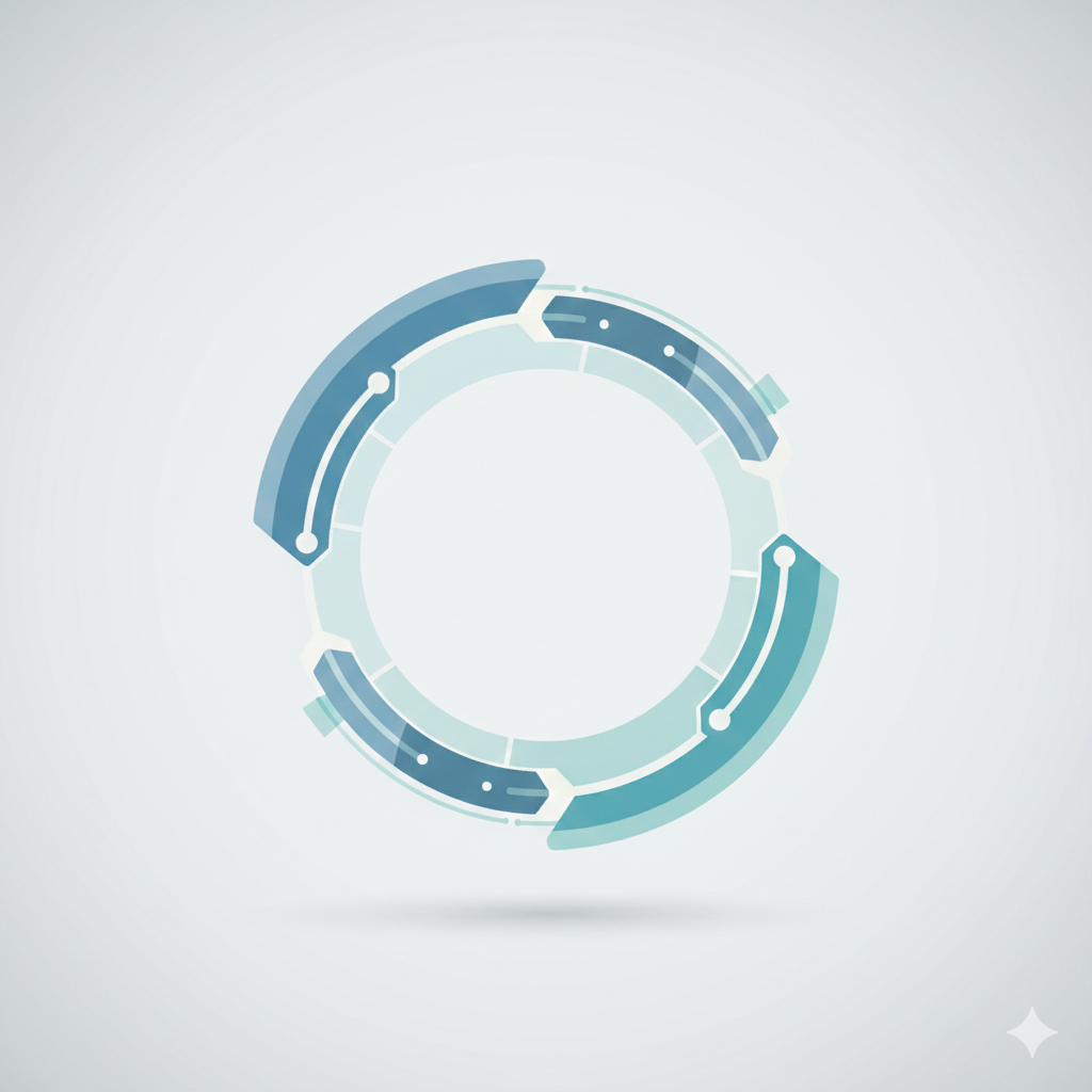 circular materials‑flow diagram rendered in soft blues and greys, with subtle geometric shapes suggesting systems thinking and sustainability.