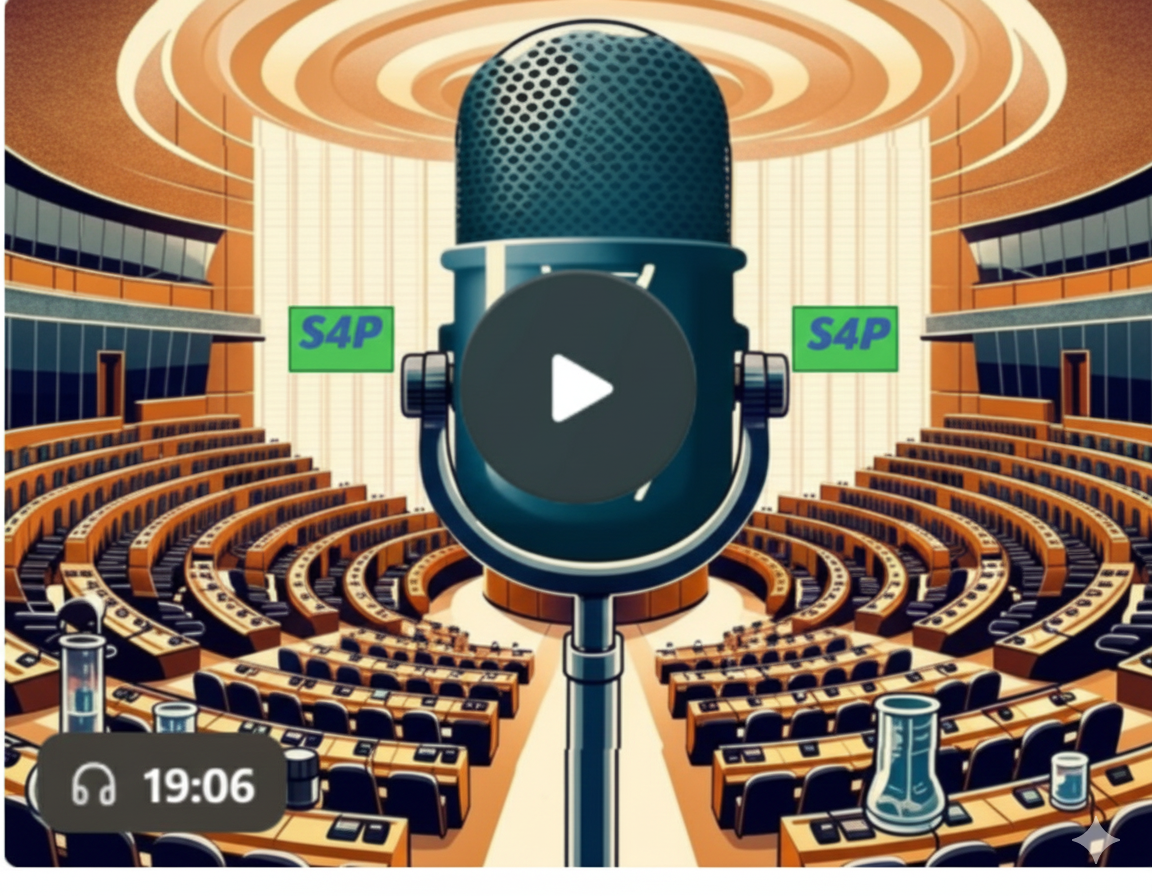 Digital illustration of a large conference hall with many curved rows of seats and a stage with a giant microphone in the center. Two green signs with 'S4P' are displayed on screens on each side of the stage. The scene has a futuristic, sci-fi feel with laboratory test tubes and scientific equipment placed on the desks.