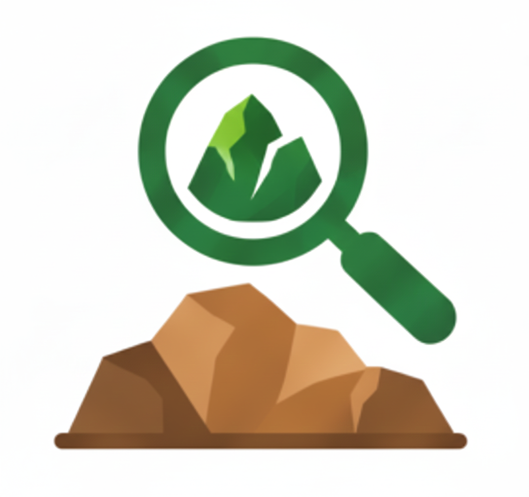 A magnifying glass with a mountain inside, hovering over a pile of brown rocks