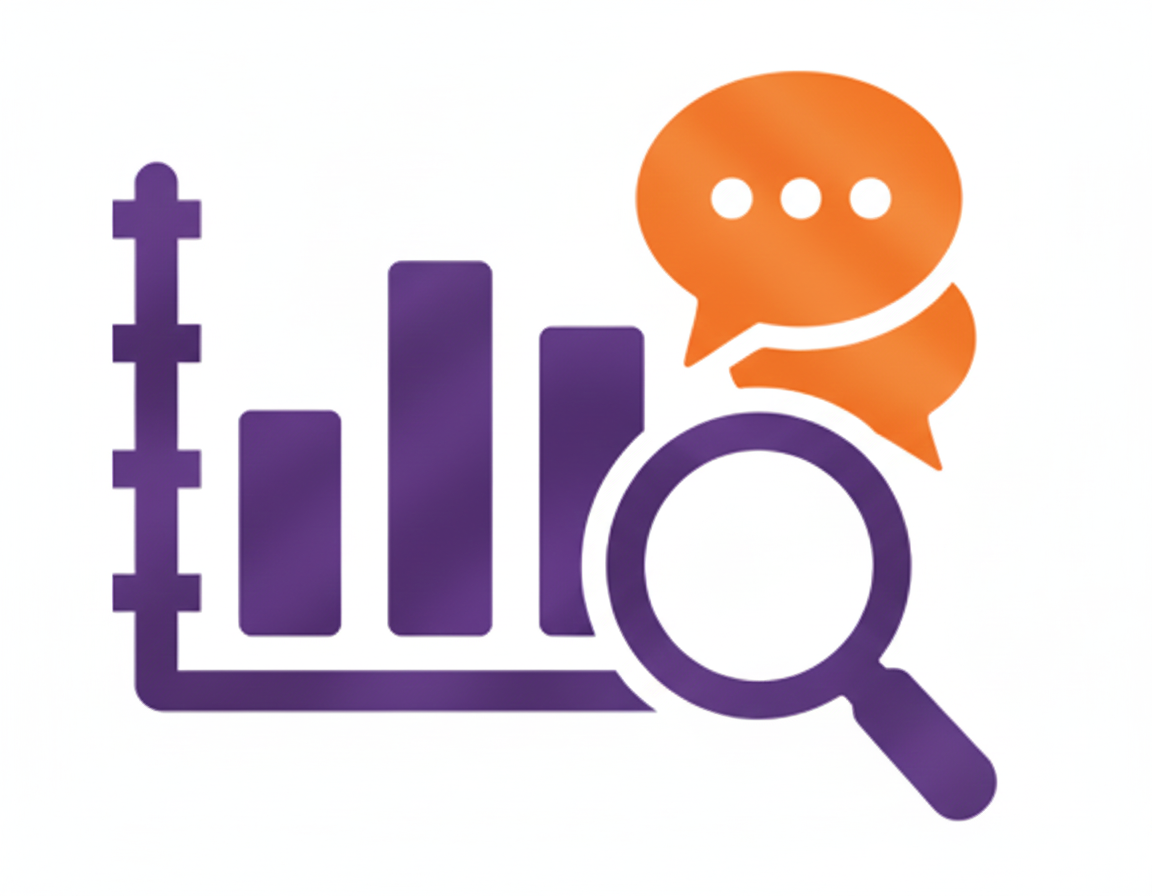 A purple bar chart with a magnifying glass and an orange speech bubble with three dots.
