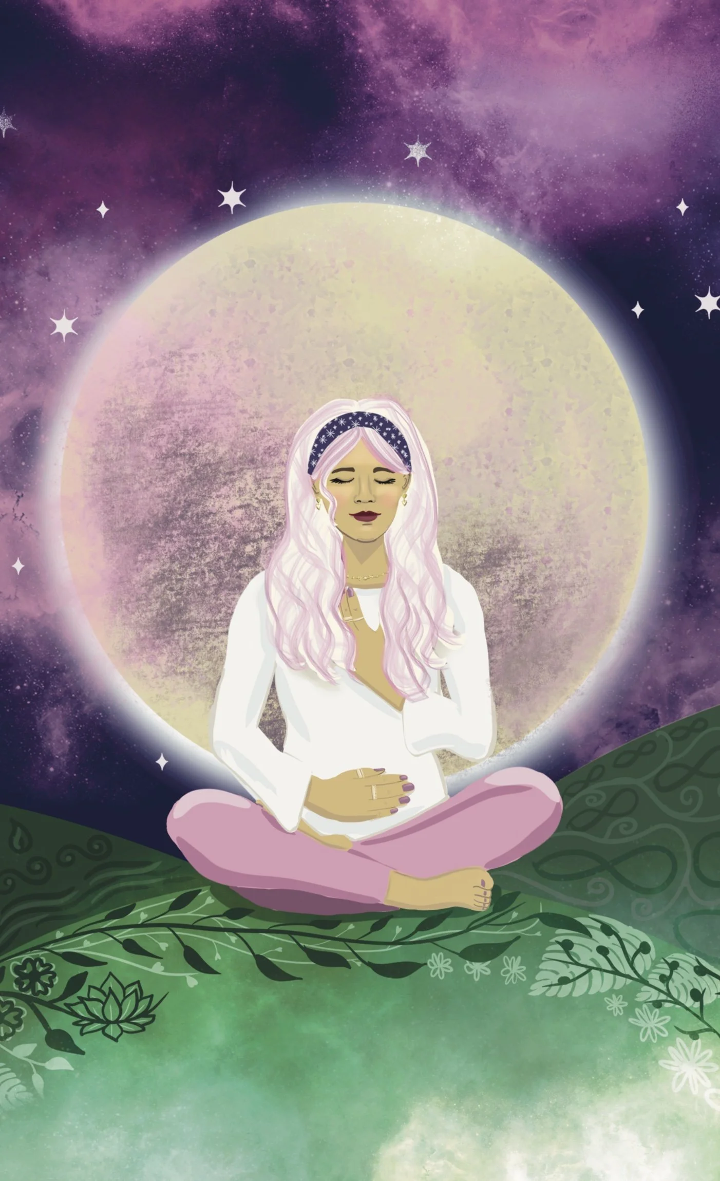 Illustration spiritual girl meditating underneath full moon