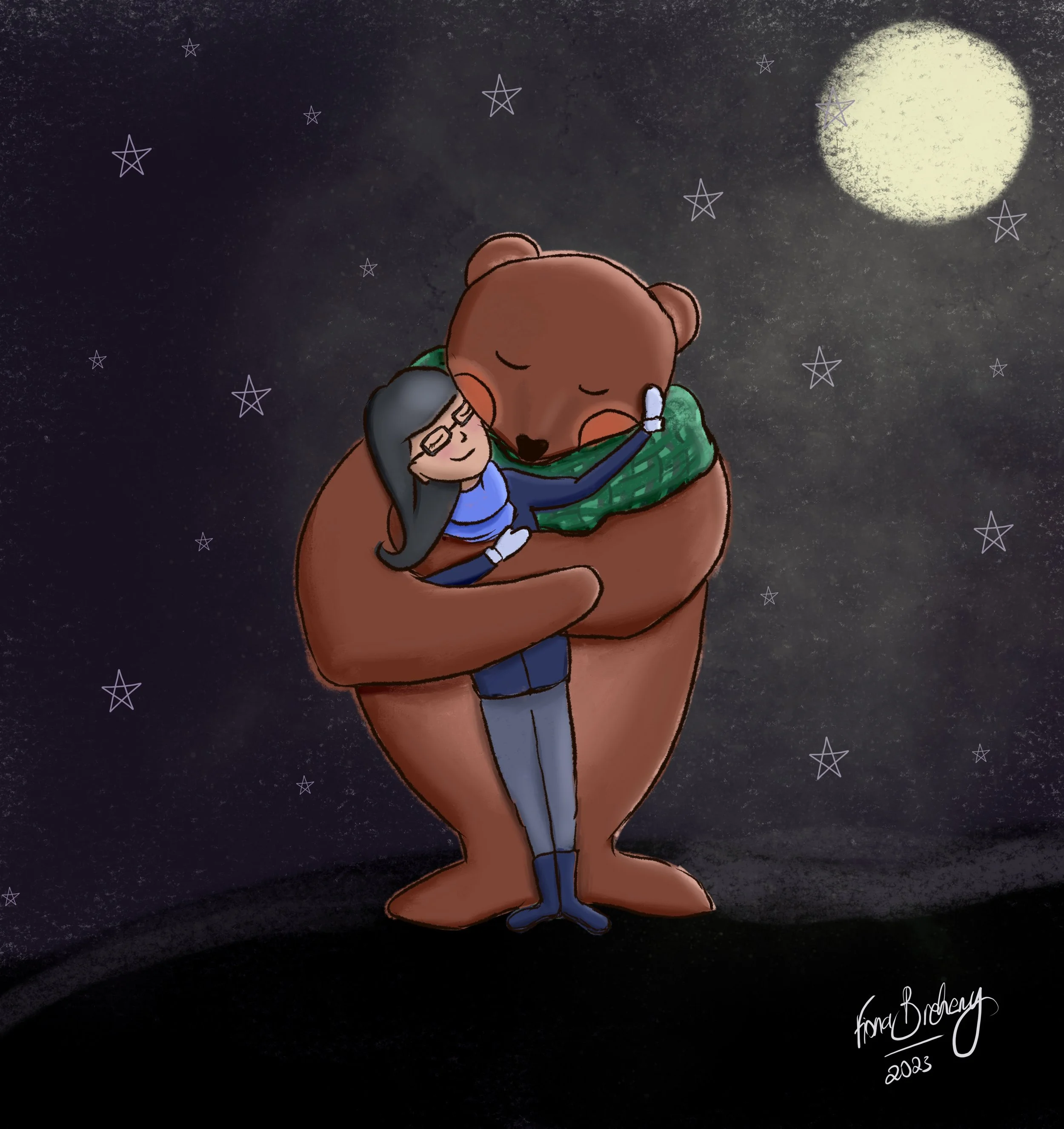 Illustration woman hugging bear