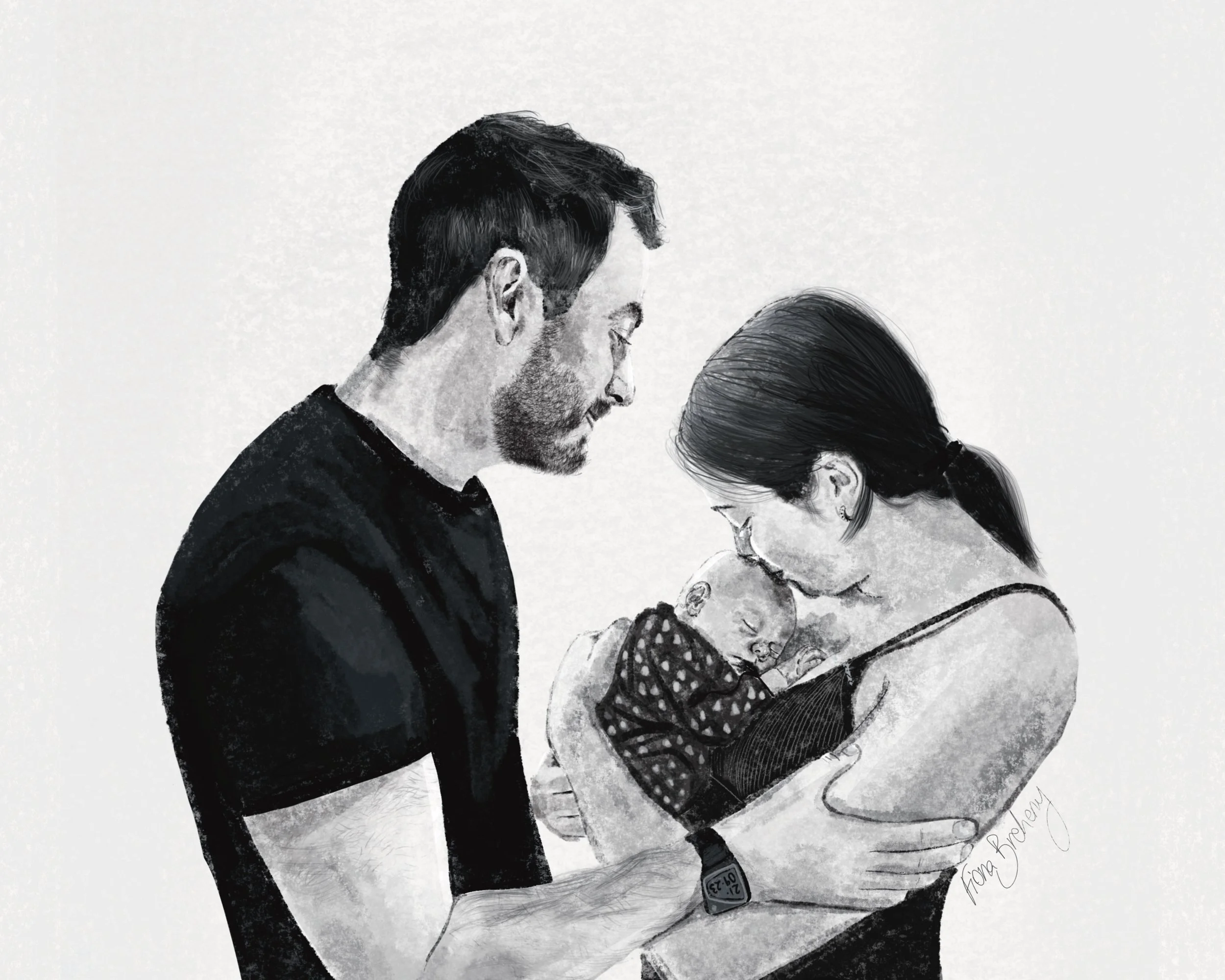 Family of three, newborn drawing. This drawing was created from 2 separate photos taken on phones.