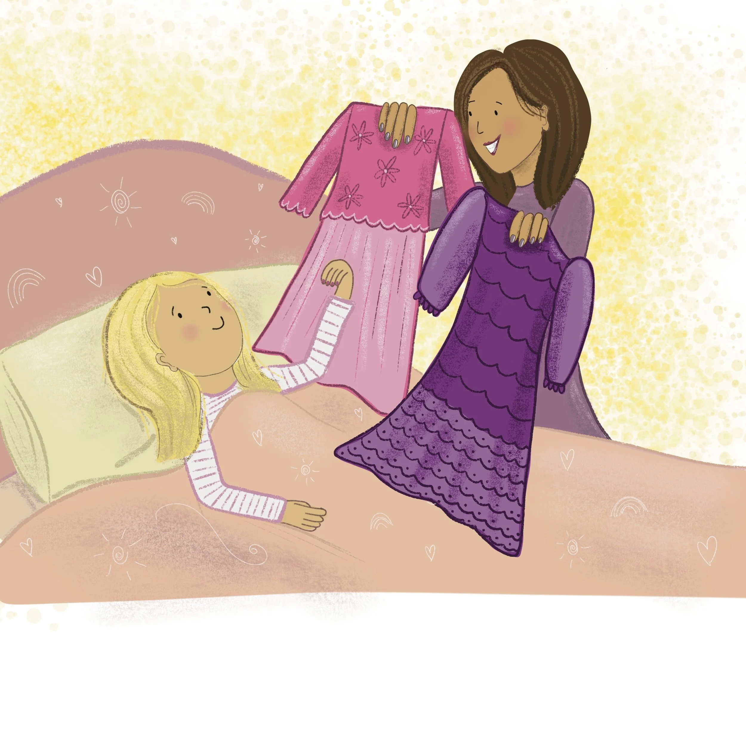 Illustration non verbal communication mother daughter dresses