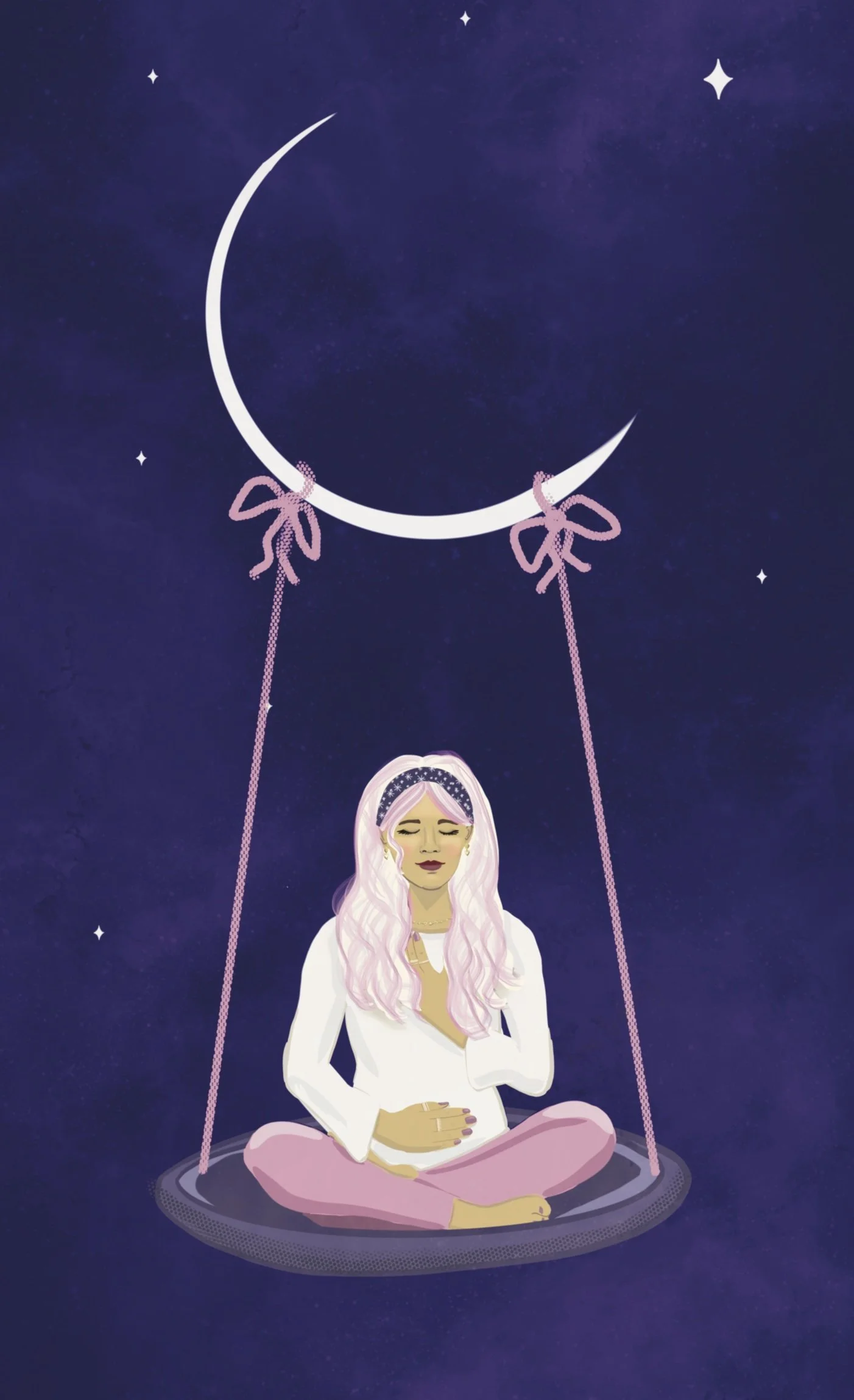 Illustration spiritual girl hanging from moon
