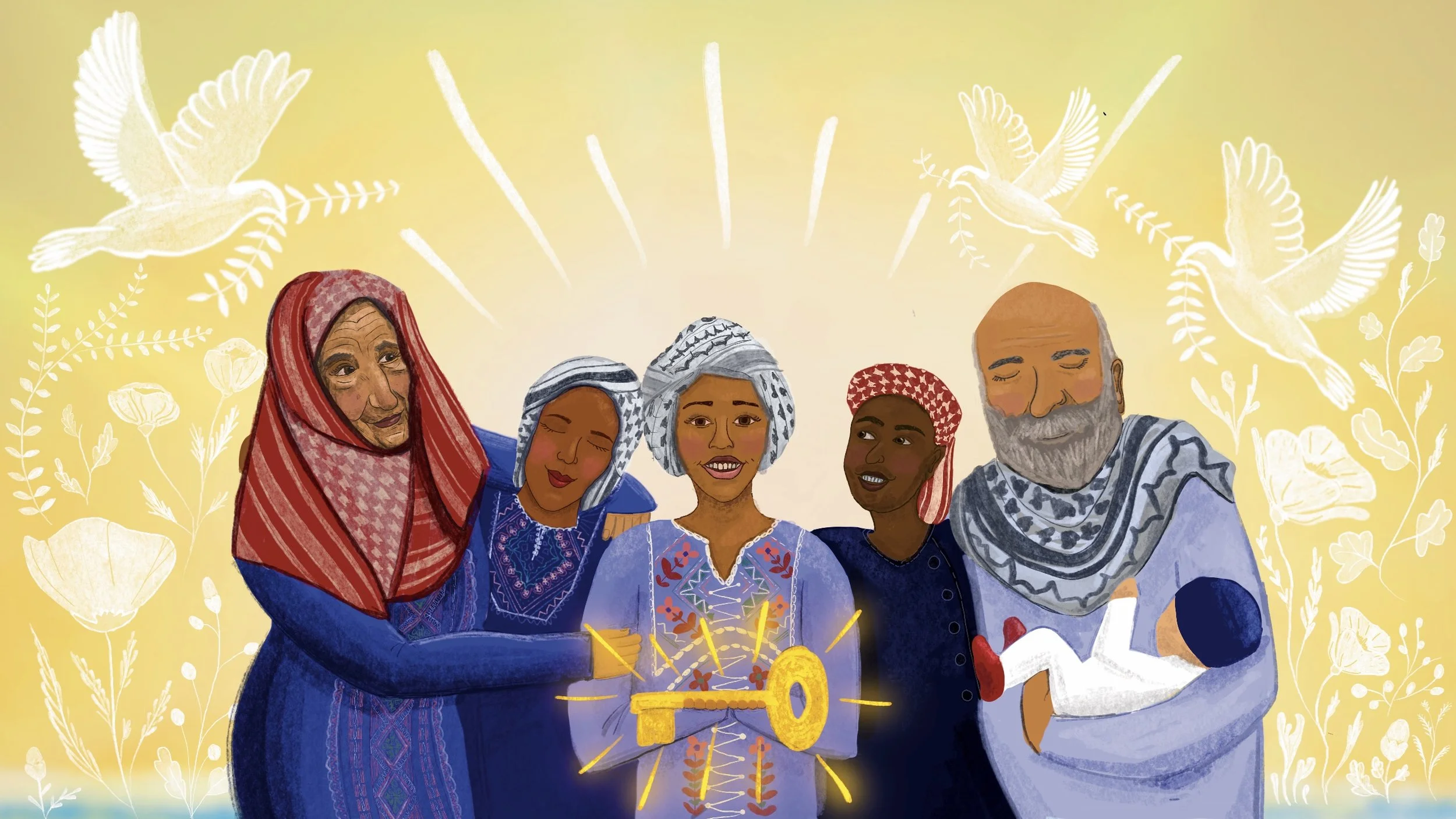 Illustration family holding key freedom hope