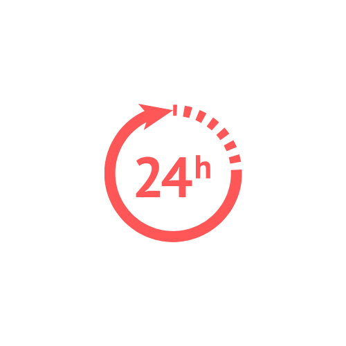 24-hour clock with an arrow circling around it, indicating 24/7 availability.