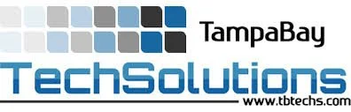 Logo for Tampa Bay Tech Solutions with blue and gray squares and the website www.tbtechs.com