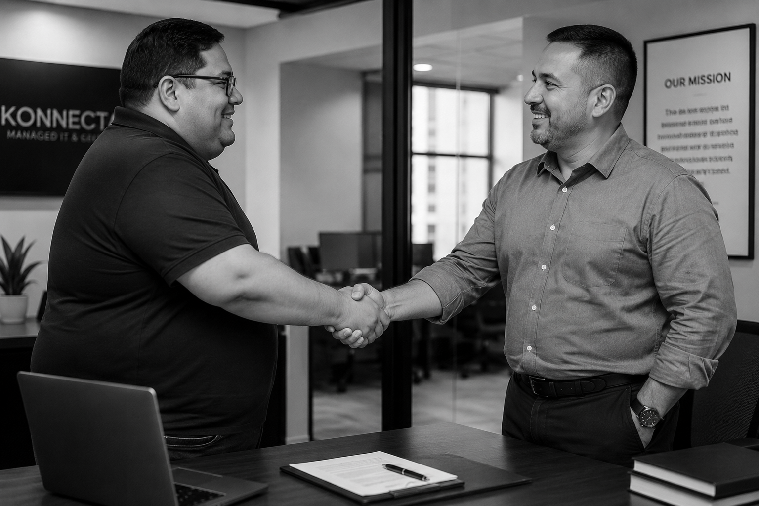 MSP owner shaking hands with an internal corporate IT director after agreeing to an offshore co-managed support contract.