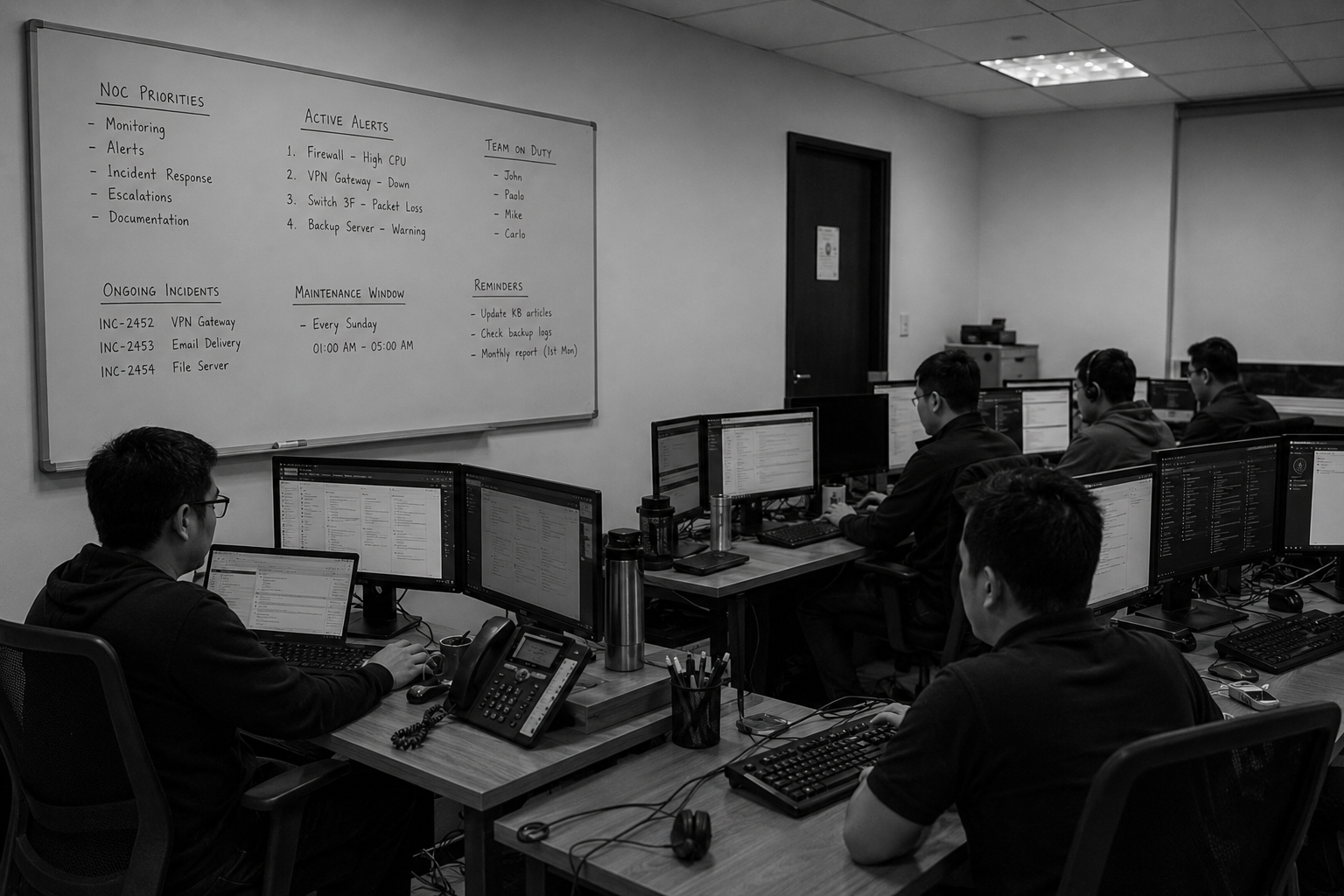 Network operations center dashboard displaying real-time 24/7 system monitoring and response metrics.